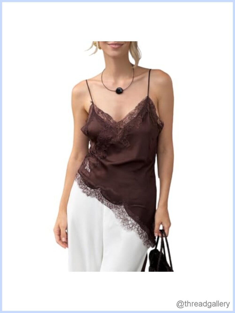 Satin Lace Trim V-Neck Backless Asymmetrical Hem Cami Tank Top